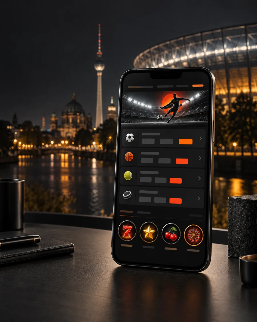 Ungebrandetes Smartphone mit Sport- und Slot-Oberfläche vor Berliner Nachtkulisse